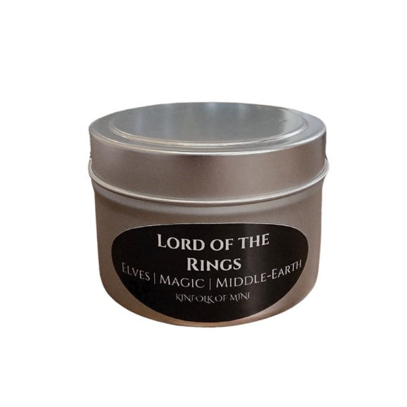 Four ounce candle labeled "Lord of the Rings: elves, magic, middle-earth"