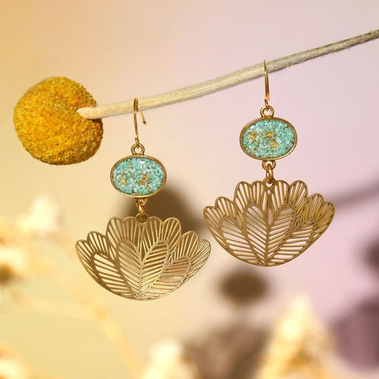 lotus gold earrings with turquoise gemstones