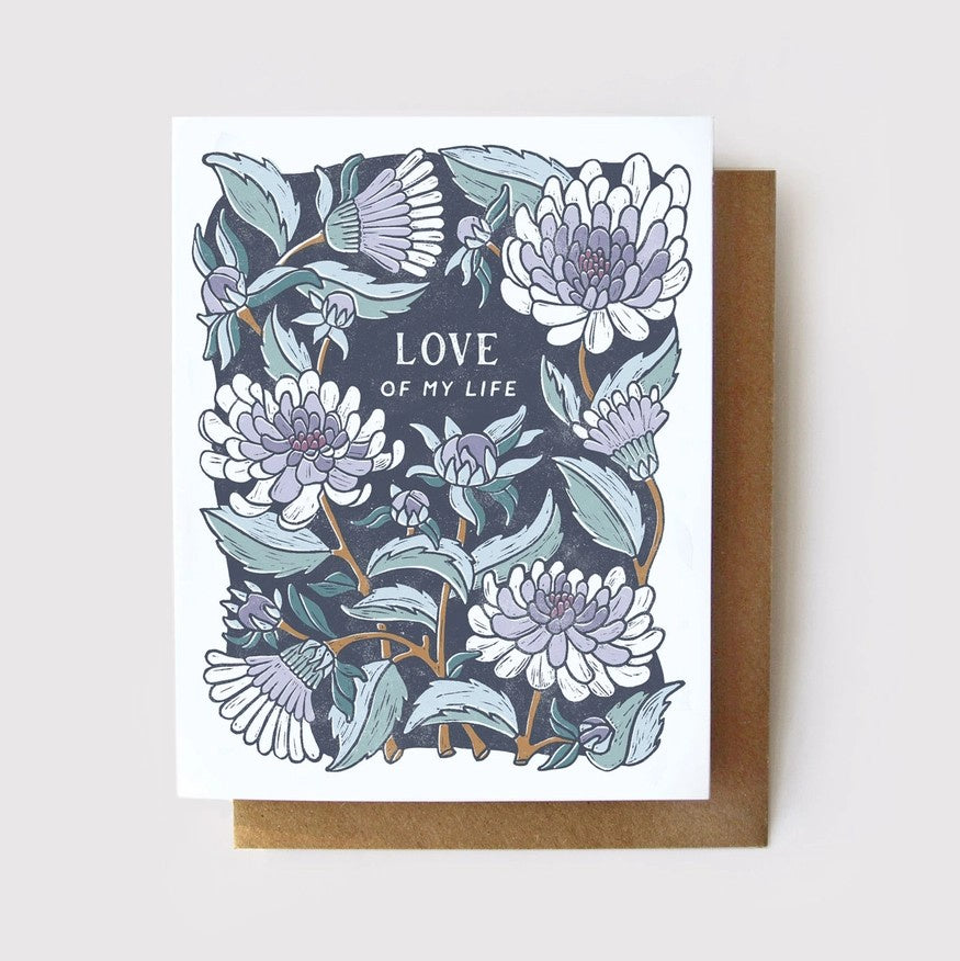 Greeting card with purple and white floral design and 'Love of My Life' text on a white background