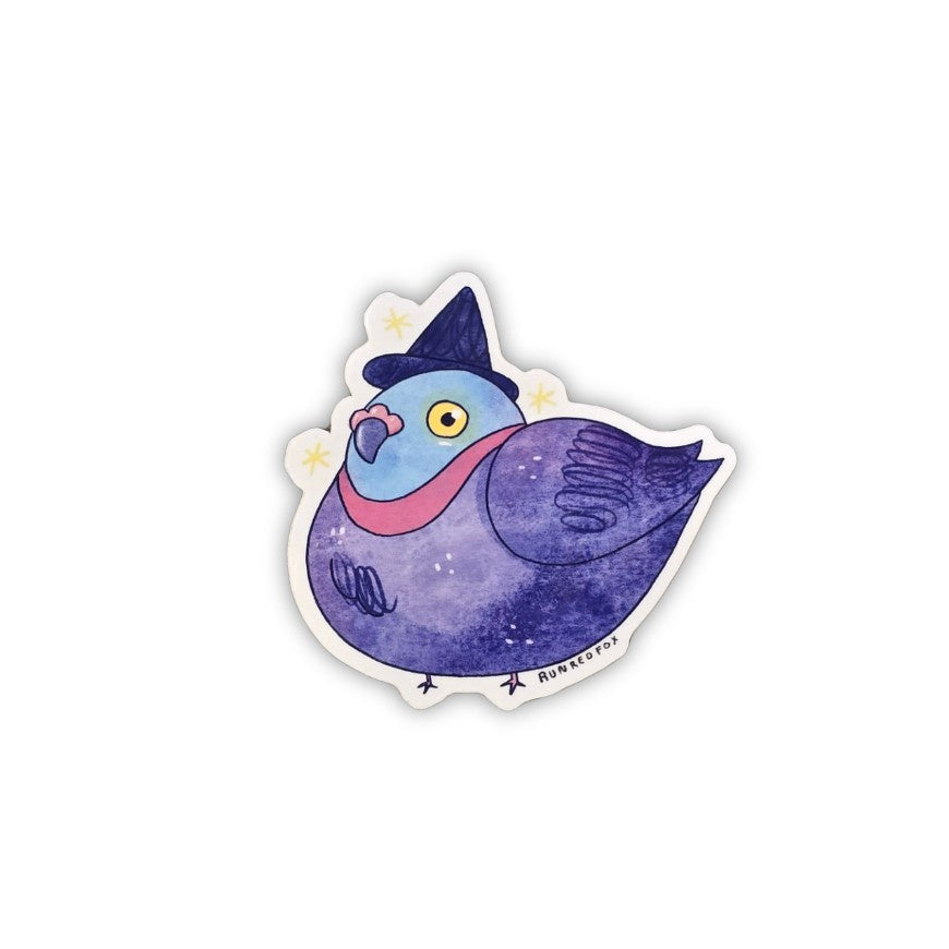 Sticker of a blue and purple cartoon pigeon wearing a witch hat and surrounded by sparkles