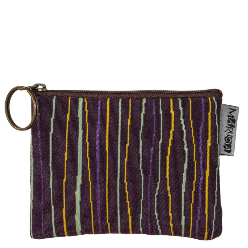 Small dark purple zippered pouch with a pattern of jagged yellow, bright purple and light green lines
