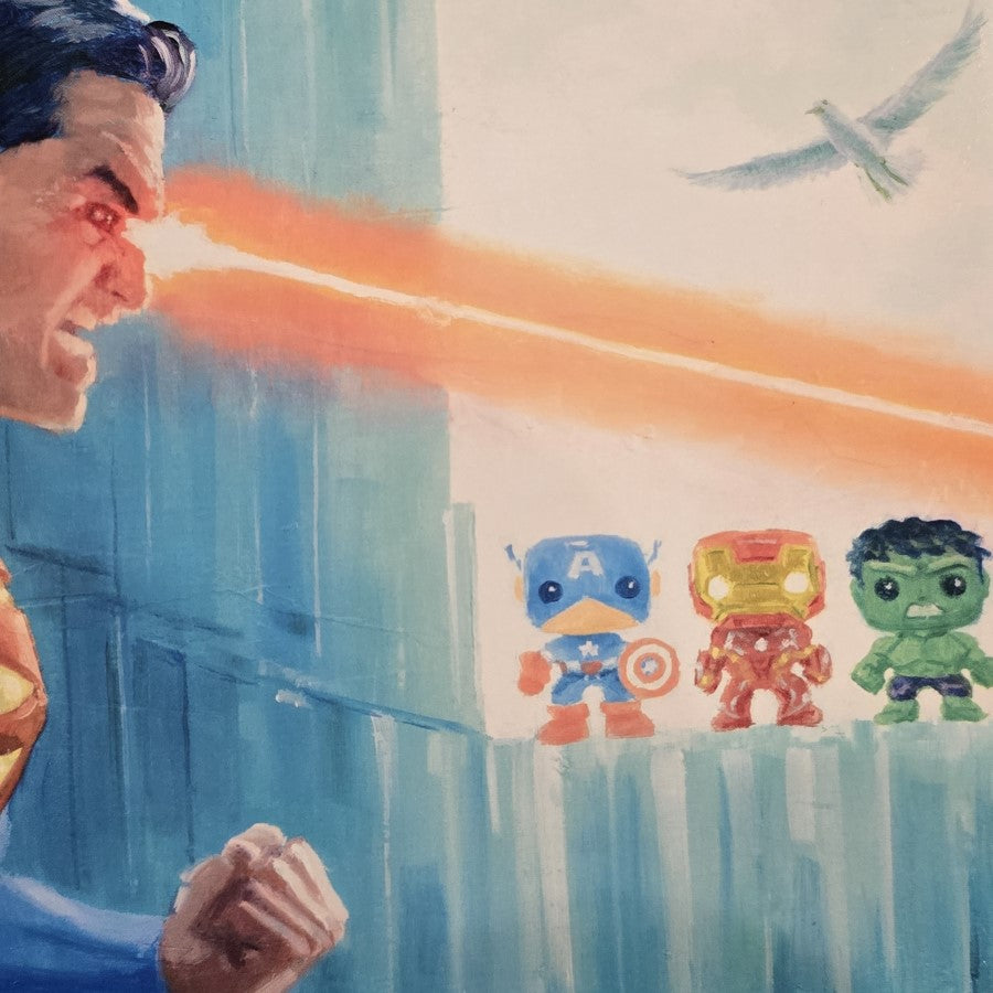 Illustration of Funk pops of Captain America, Iron Man and the Hulk on the windowsill of Superman's bathroom