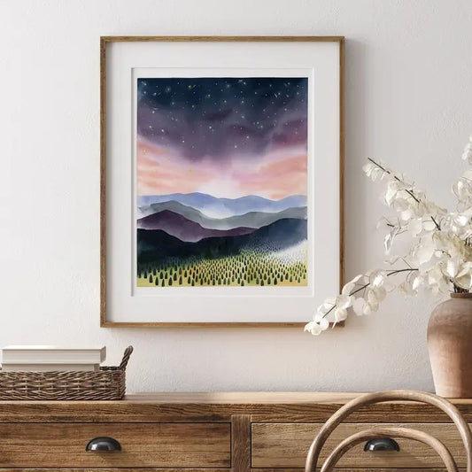 Framed Art Print with watercolor mountains and night sky