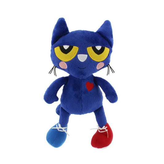 Blue Pete the Cat plush toy with pink blush and red and blue sneakers
