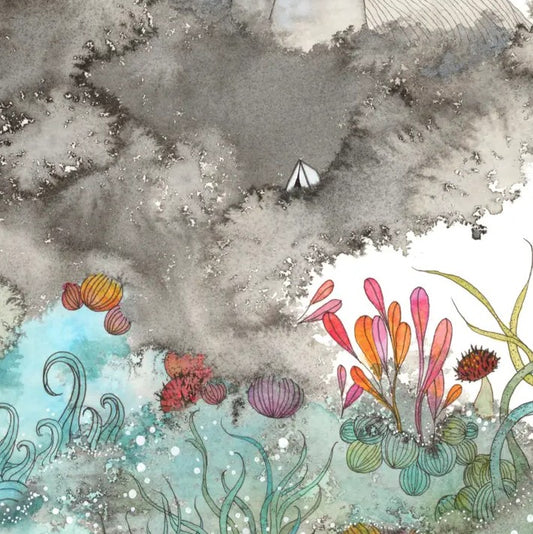 Closeup of watercolor illustration of colorful plants