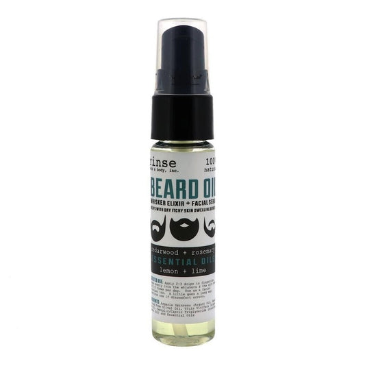 A bottle of beard oil made of cedarwood, rosemary, lemon and lime essential oils.