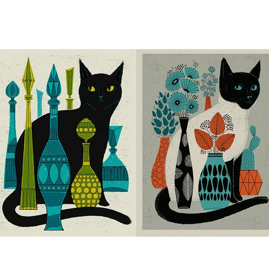 Two designs of methane prints featuring cats - one with vases and the other with bottles