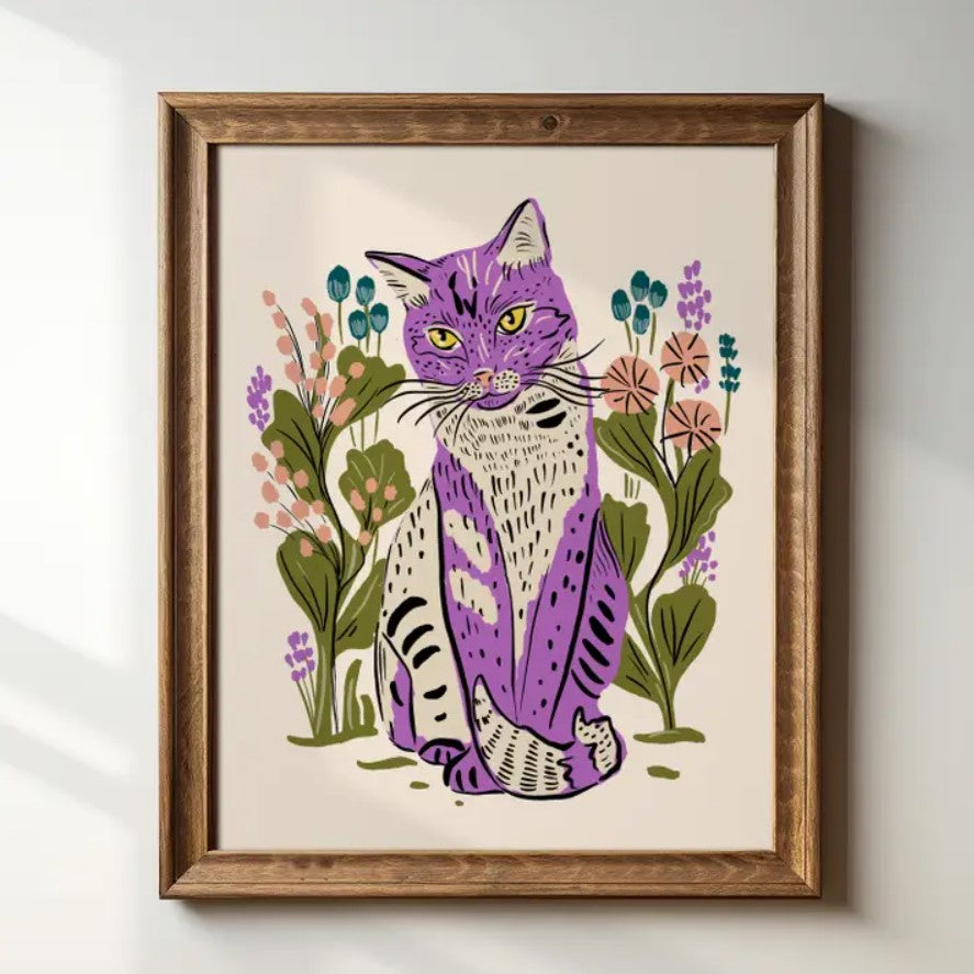 8x10 art print of a purple, white and black cat surrounded by colorful flowers on a white background