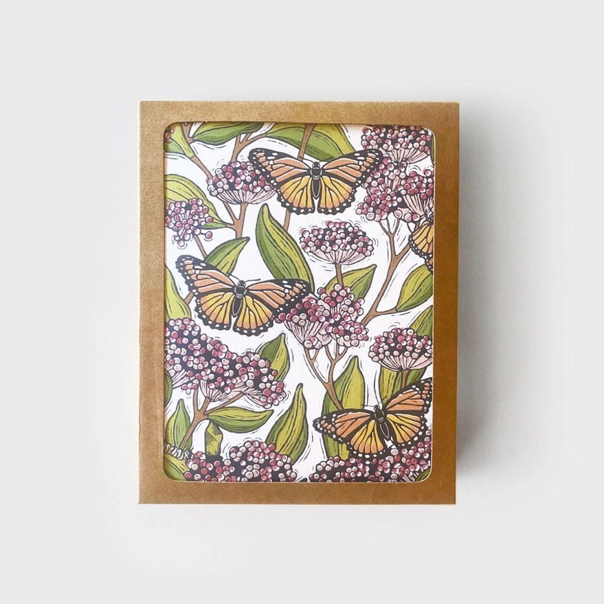 Box of greeting cards featuring a floral design with monarch butterflies