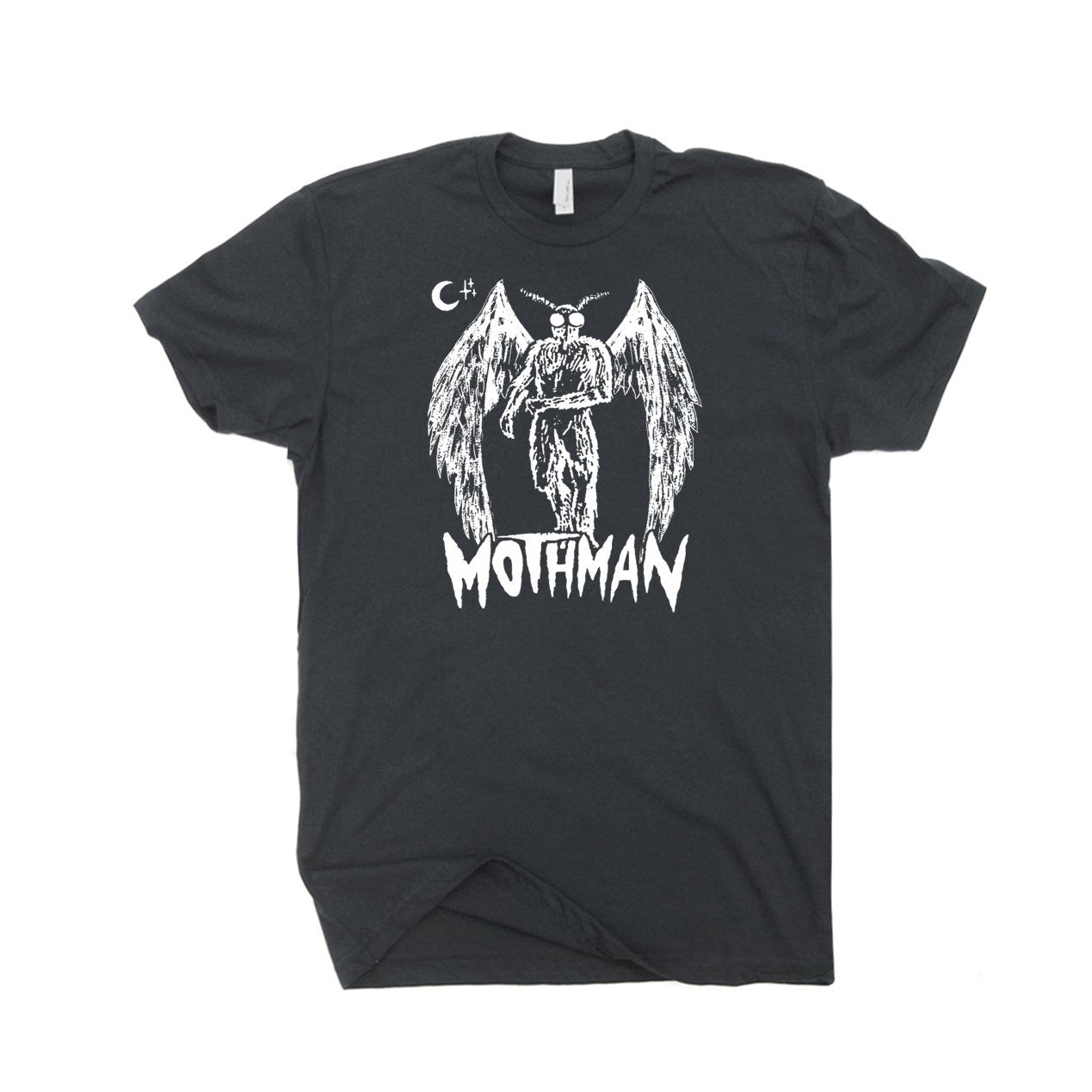 Black tee shirt with white illustration of moth man standing over the caption "MOTHMAN"