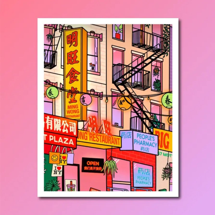 8x10 print featuring a view of Mott Street in New York's Chinatown in pink, yellow and red colors