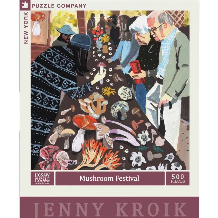 500 piece jigsaw puzzle featuring a Jenny Kroik illustration of folks gathered around a table of various types of mushrooms