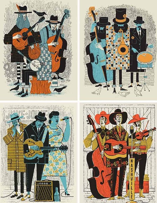 Four different prints that all feature 3 musical musicians 