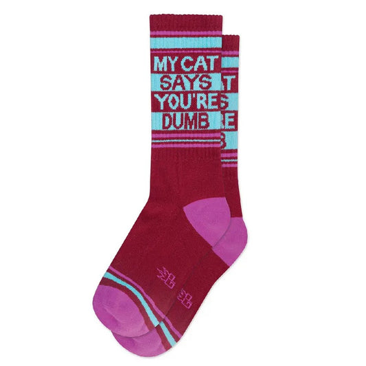 Pair of socks with quote "My Cat says You're Dumb"
