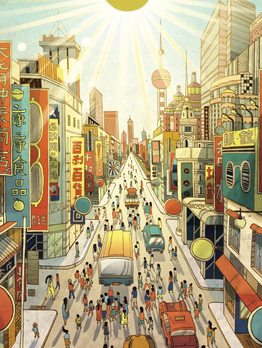 A one thousand piece puzzle depicting a busy city street.