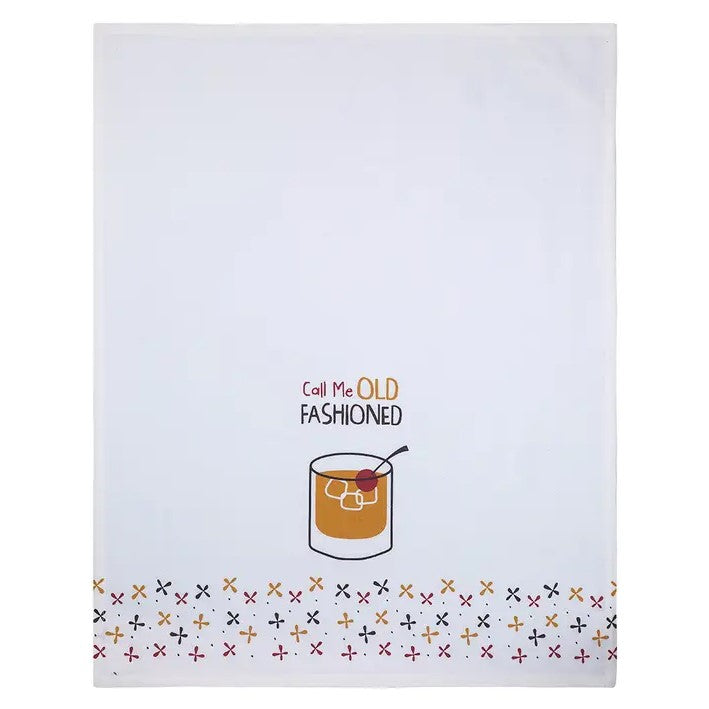 White tea towel decorated with a red, tan and black pattern at the bottom. The words "Call me Old Fashioned" are written above an image of an old fashioned cocktail.