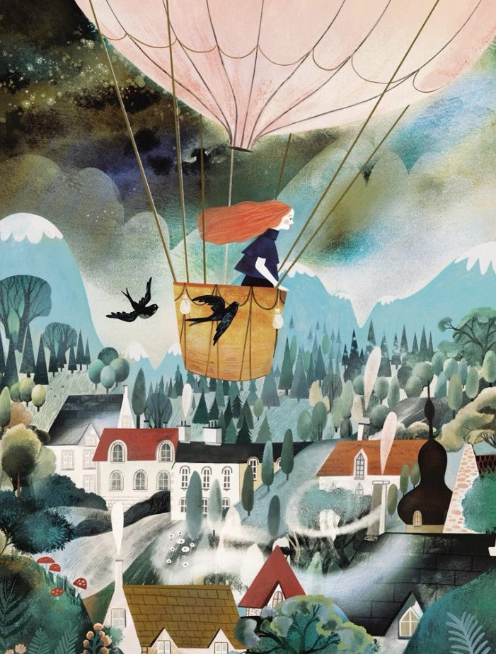 red headed girl in an hot air balloon over a neighborhood and forest puzzle