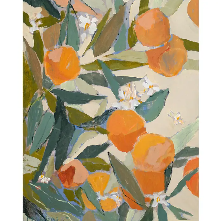 Print depicting branches of an orange tree with white flowers