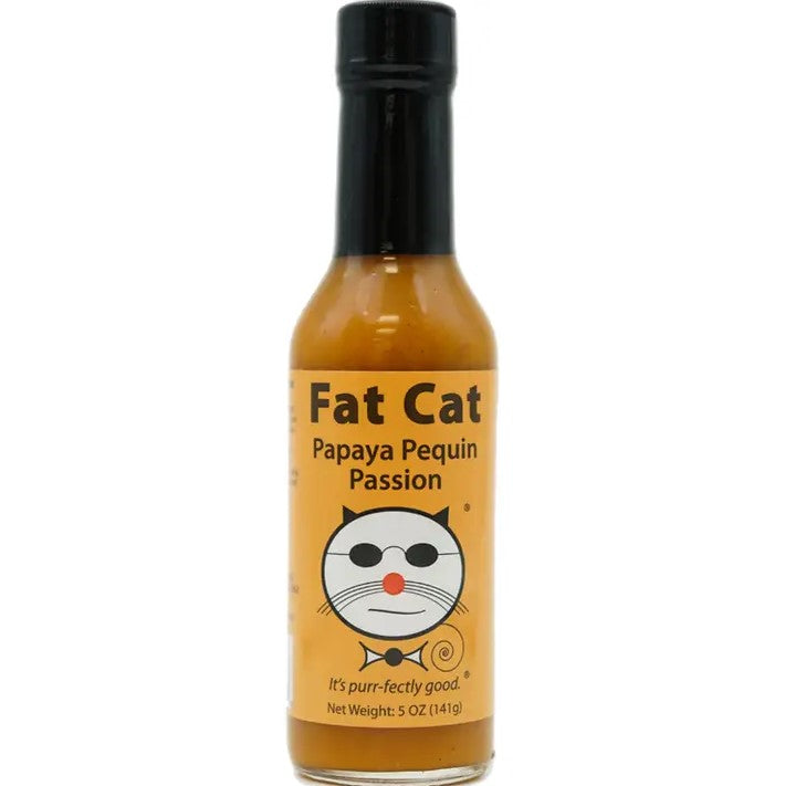 Five ounce bottle of hot sauce in the flavor "papaya pequin passion"