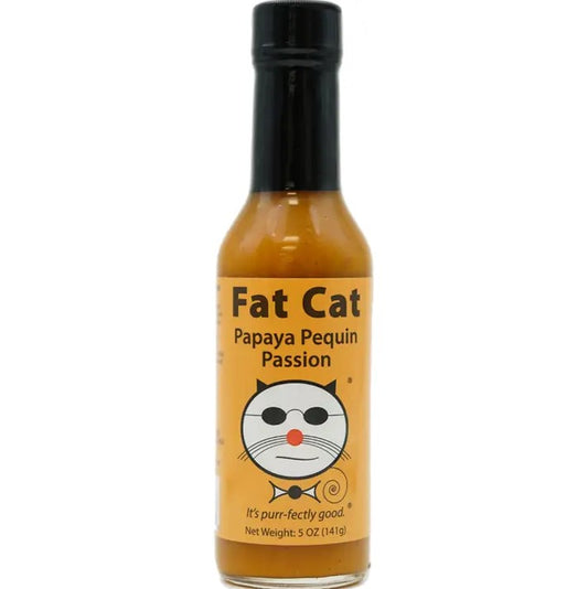 Five ounce bottle of hot sauce in the flavor "papaya pequin passion"