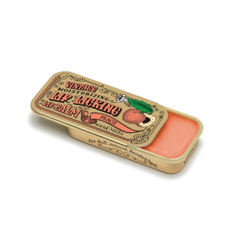 Small tin of peach flavored lip balm.