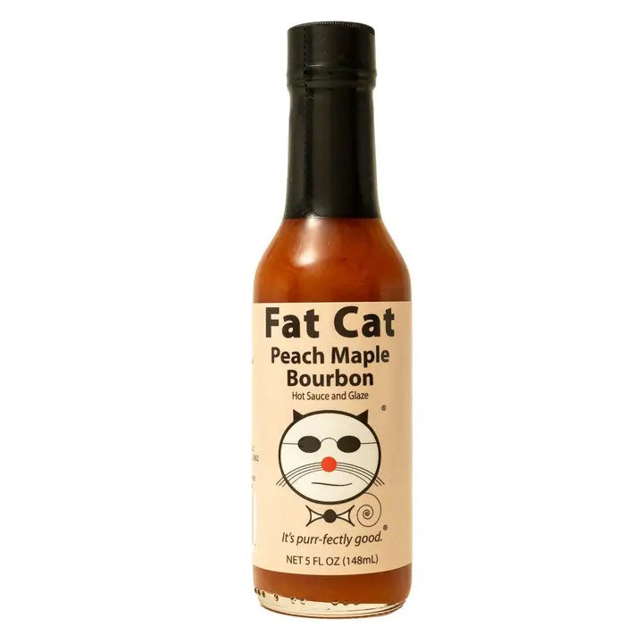 Five ounce bottle of hot sauce in the flavor "peach maple bourbon"