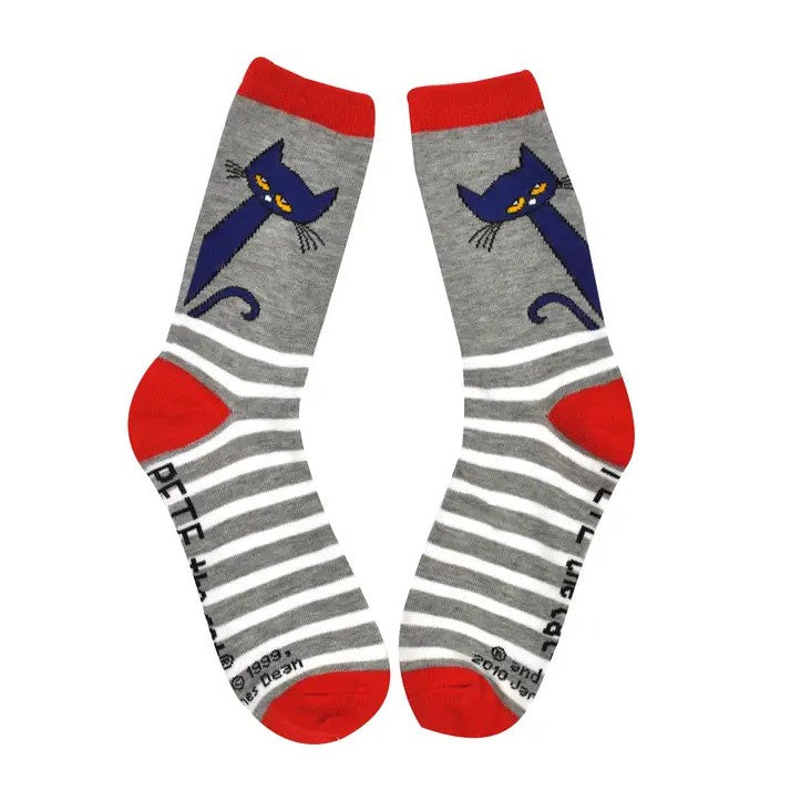 Gray and white striped socks with red heel and toe and a Pete the Cat design