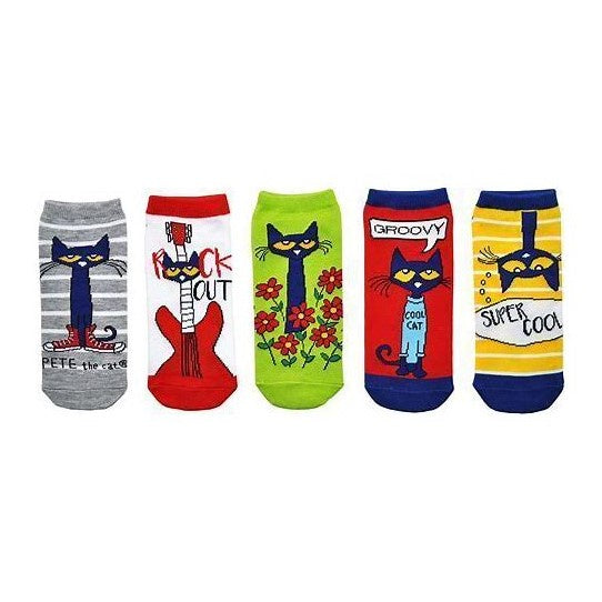 A set of five designs of Pete the cat ankle socks