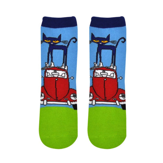 Pair of socks featuring an image of Pete the cat standing on top of a red car