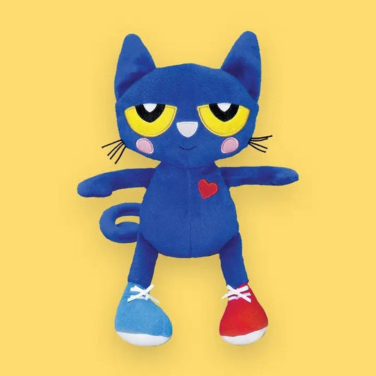 Blue Pete the Cat plush toy with pink blush and red and blue sneakers