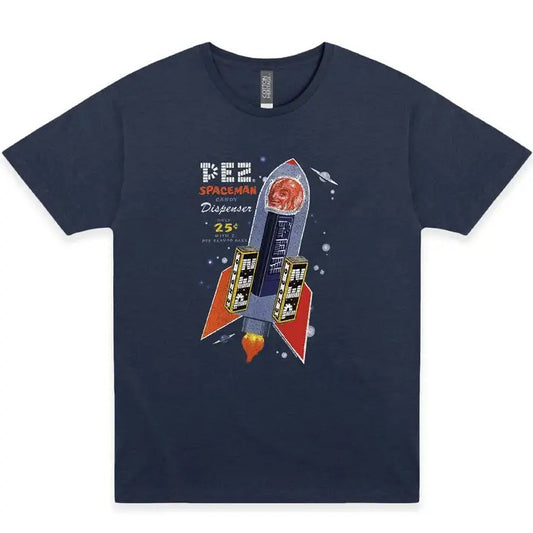 Navy blue t-shirt with a retro illustration of PEZ dispensers in the shape of a rocket and the text "PEZ Spaceman candy dispenser"