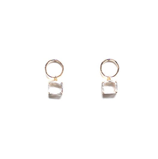 Delicate gold hoop earrings with translucent rectangular dangling crystals