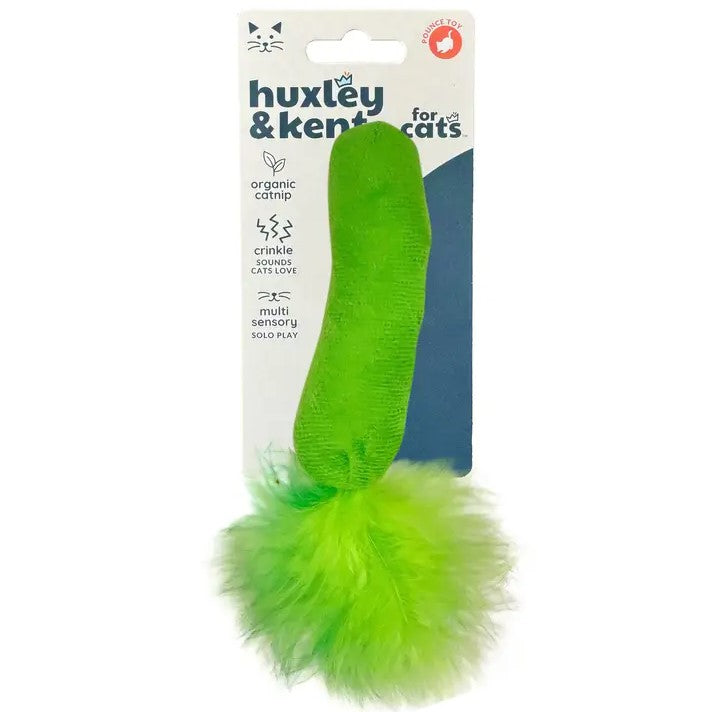 Catnip toy shaped like a pickle with a bright green feather at the end