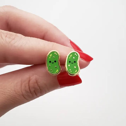 Small stud earrings shaped like smiling pickles