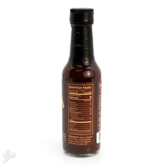 Bottle of hot sauce with nutritional label listing ingredients water, jalapeno, carrot, onion, dried chipotle peppers, ghost chili peppers, black garlic, cumin and salt