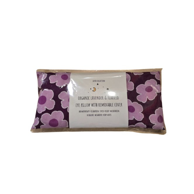 Organic lavender and flaxseed eye pillow in a simple purple floral pattern