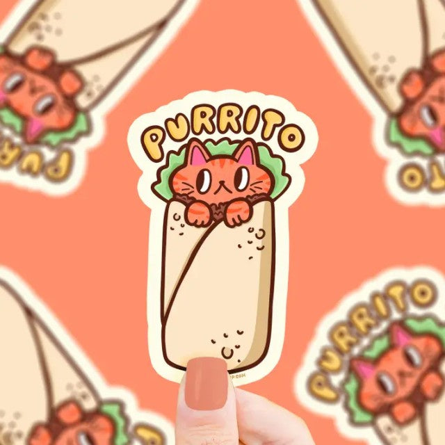 Sticker of an orange cat peeking out of the top of a burrito with the word "Purrito" above it