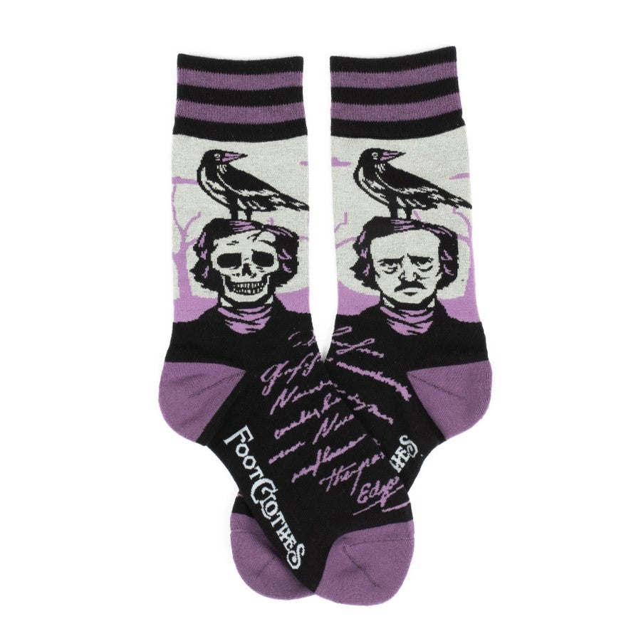 Calf socks in white, purple and black featuring a portrait of Edgar Allan Poe with a raven on his head