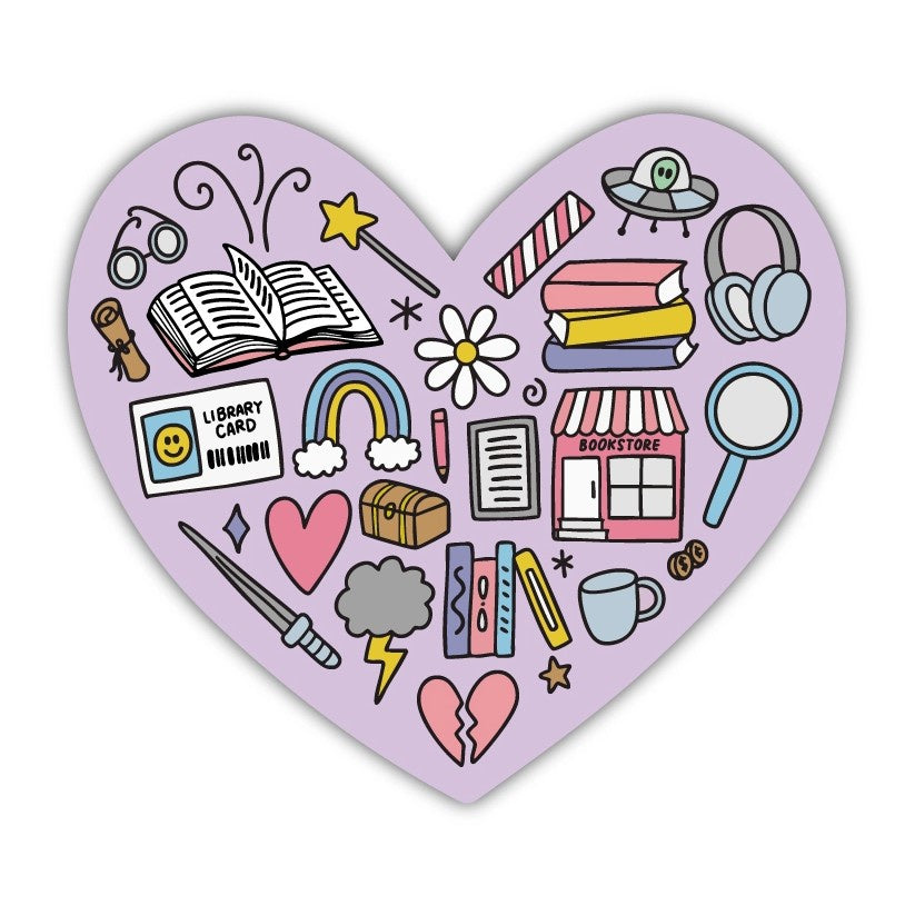 Heart shaped lavender sticker with small illustrations of books