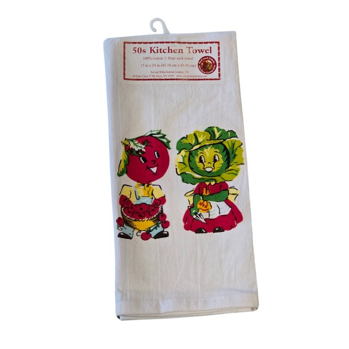 White kitchen towel with a retro style illustration of two smiling characters with a tomato and head of lettuce for heads, respectively.