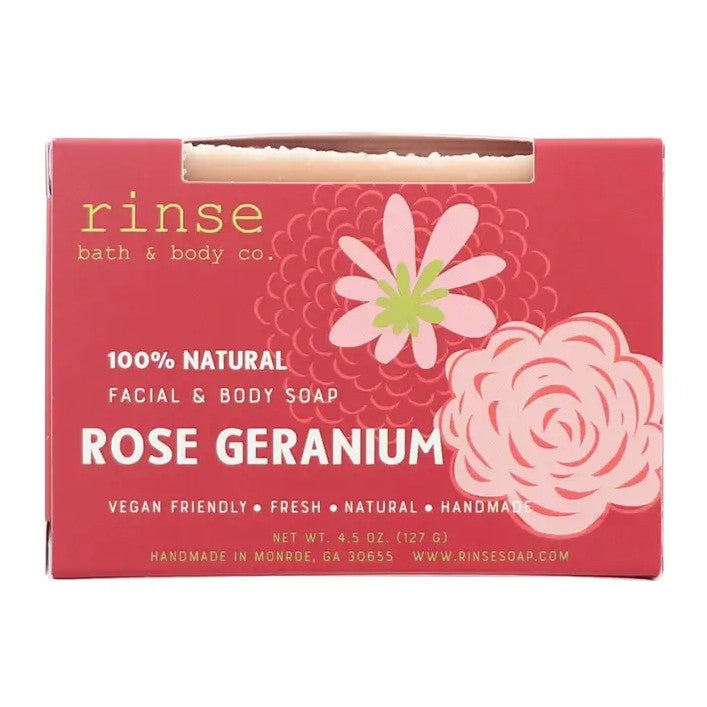 Bar of rose geranium scented soap with red floral packaging