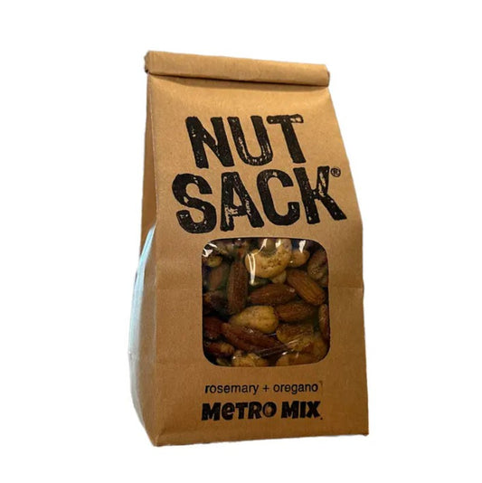 Small brown paper bag containing mixed nuts seasoned with rosemary and oregano and the words "Nut Sack" on the front
