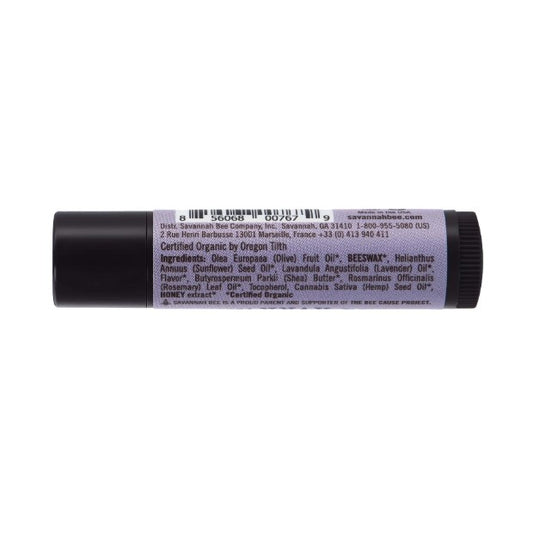 Stick of rosemary lavender scented lip balm; main ingredients include olive fruit oil, beeswax, sunflower seed oil and lavender oil
