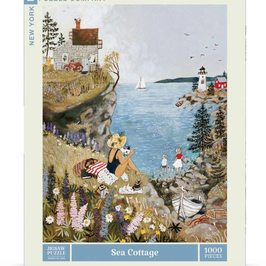 One thousand piece jigsaw puzzle depicting a woman in a swimsuit sitting on flowery cliffs overlooking the ocean