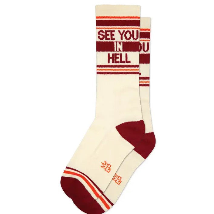 Cream colored calf socks with red and orange stripes and the words "See You in Hell" at the top.