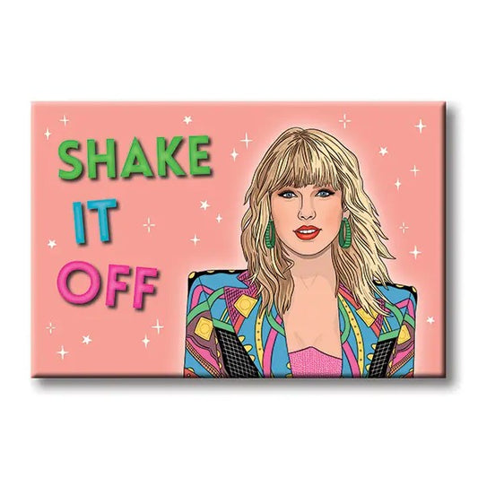 Pink magnet featuring an illustration of Taylor Swift and the words "Shake it off"