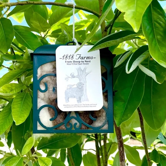 Bird feeder filled with wool hanging from a tree