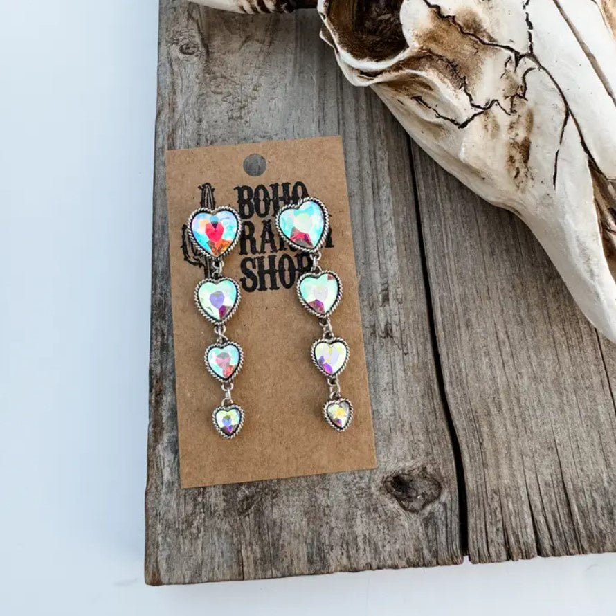 Dangle earrings with four iridescent hearts