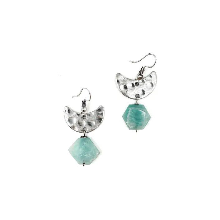 silver moon earrings with a blue gemstone attached