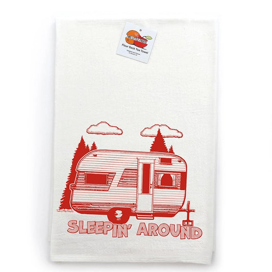 sleepin' around quote on a tea towel with a camper